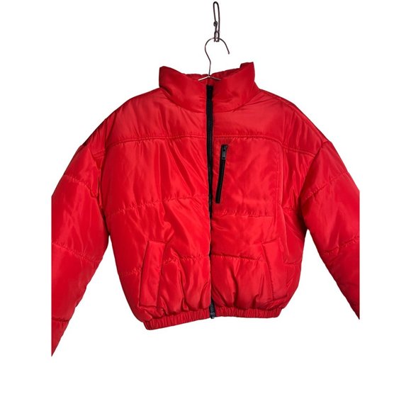 BP Jacket Womens XXS Red Full Front Zip Puffer High Neck Poinsettia Coat - Picture 3 of 6